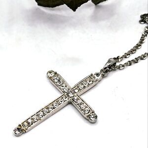 "5/$25" Silvertone Rhinestone Large Cross Pendant Chain Necklace